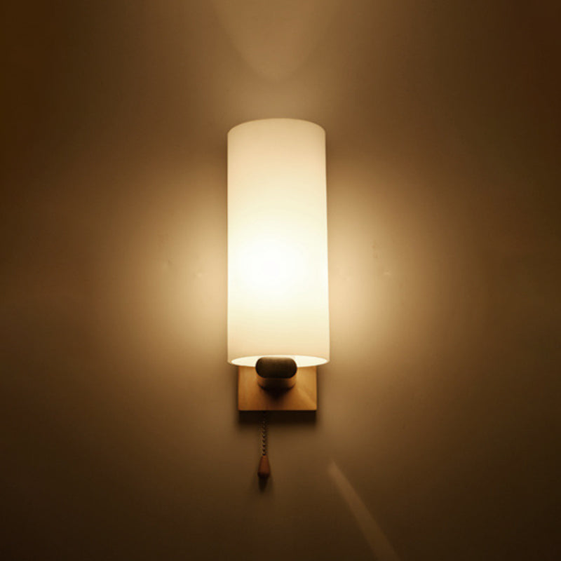 White Glass Wall Light in Modern Concise Style Wooden Cylindroid Wall Sconce for Bedroom