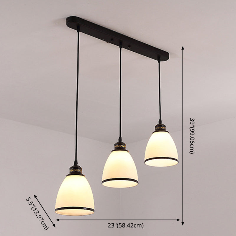 Lumière pendante noire à 3 légers en dôme en fer forgé moderne lampe suspendue avec une teinte en verre
