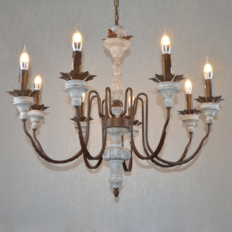 Rustic Candlestick Pendant Light Fixture Wooden Chandelier in Distressed White