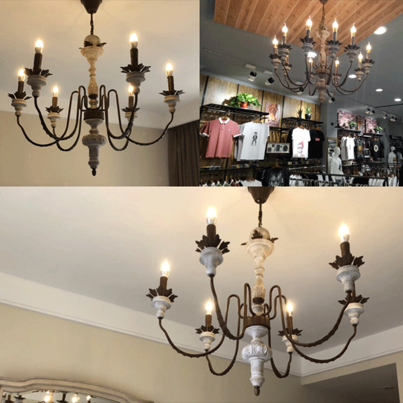 Rustic Candlestick Pendant Light Fixture Wooden Chandelier in Distressed White