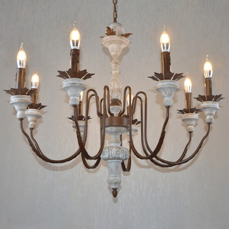 Rustic Candlestick Pendant Light Fixture Wooden Chandelier in Distressed White