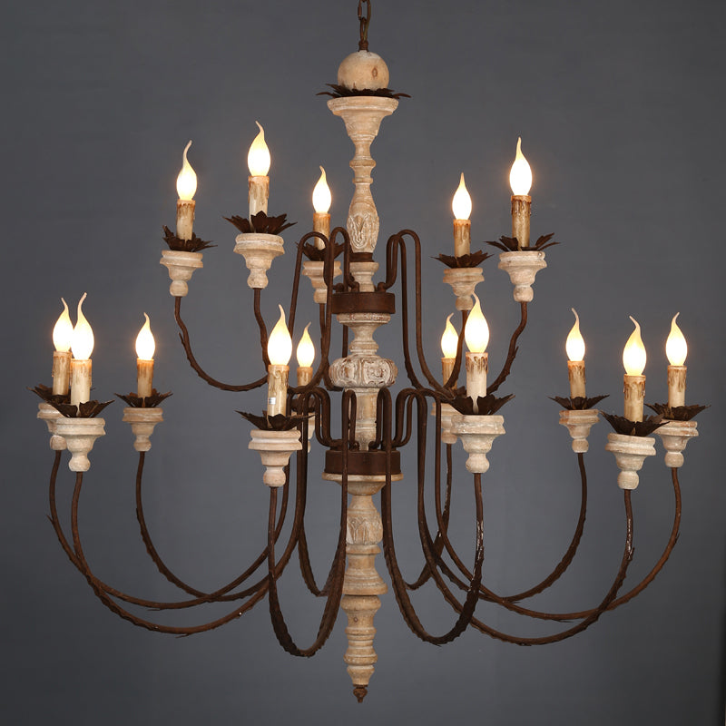Rustic Candlestick Pendant Light Fixture Wooden Chandelier in Distressed White