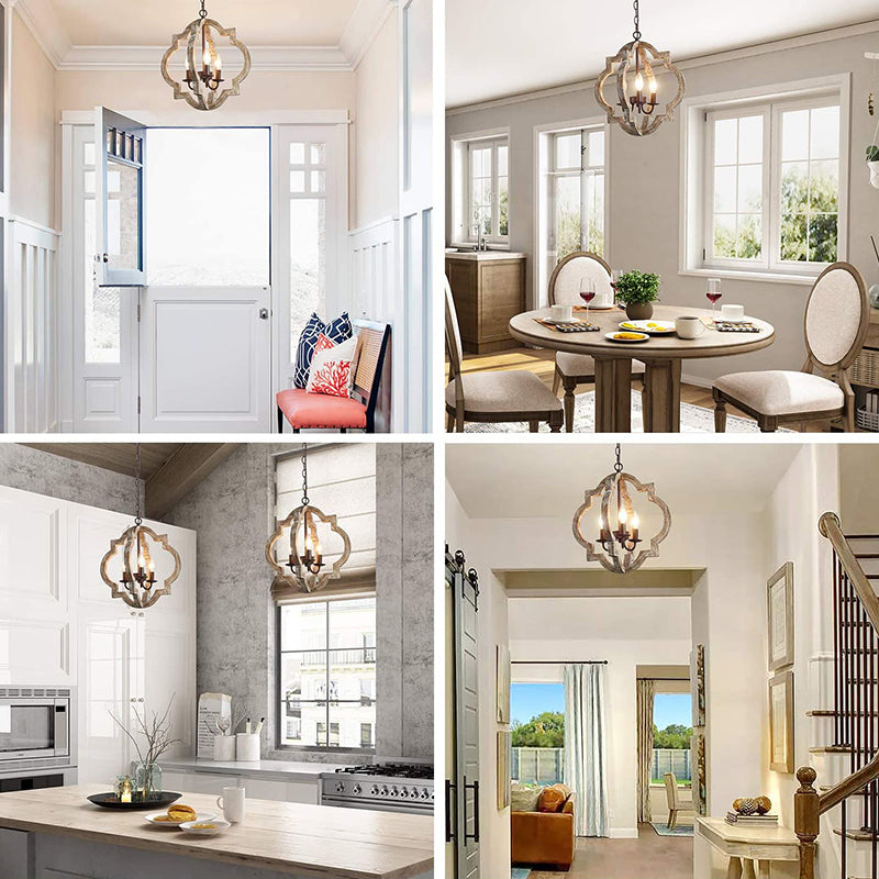 Iluminación colgante de jaula de madera araña de campo francesa para comedor