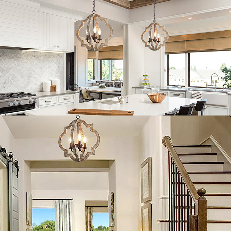 Iluminación colgante de jaula de madera araña de campo francesa para comedor