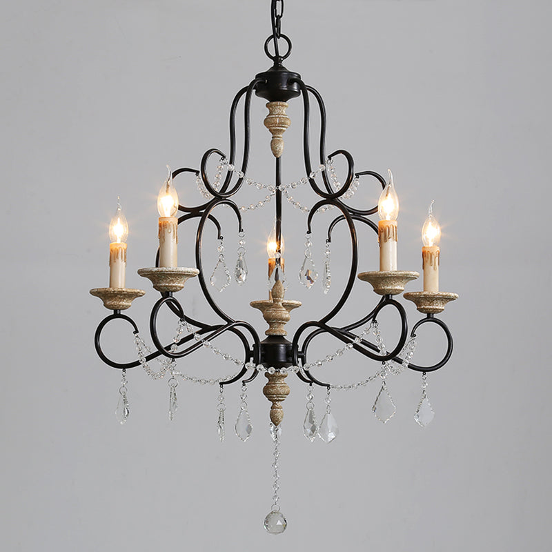 5 Bulbs Candle Hanging Lamp Countryside Distressed White Iron Chandelier Lighting with Wood Beads