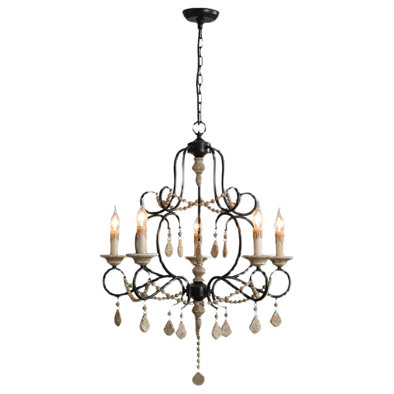5 Bulbs Candle Hanging Lamp Countryside Distressed White Iron Chandelier Lighting with Wood Beads
