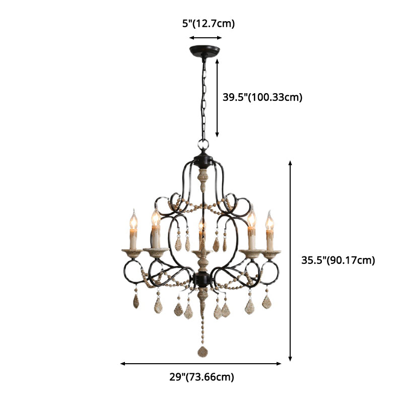 5 Bulbs Candle Hanging Lamp Countryside Distressed White Iron Chandelier Lighting with Wood Beads
