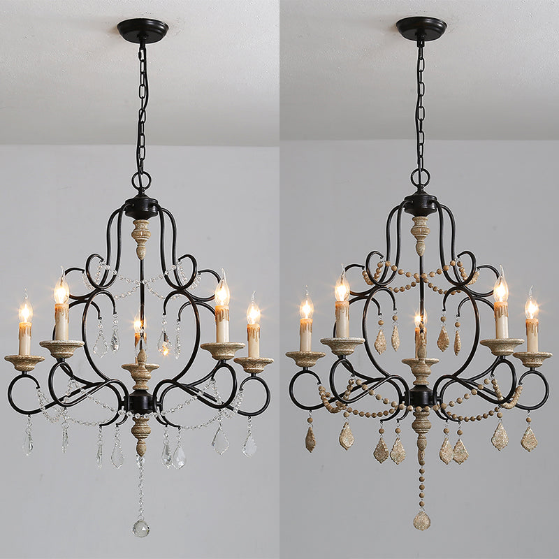 5 Bulbs Candle Hanging Lamp Countryside Distressed White Iron Chandelier Lighting with Wood Beads