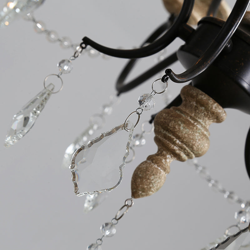 5 Bulbs Candle Hanging Lamp Countryside Distressed White Iron Chandelier Lighting with Wood Beads