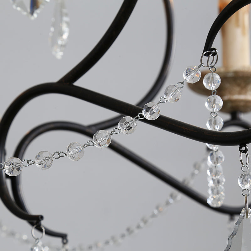 5 Bulbs Candle Hanging Lamp Countryside Distressed White Iron Chandelier Lighting with Wood Beads