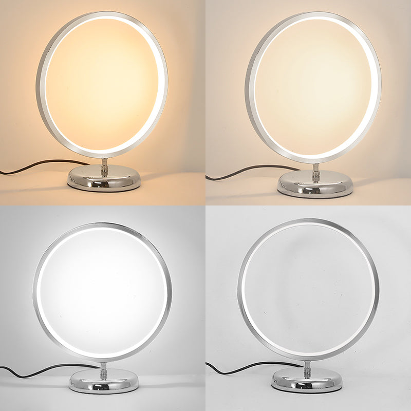 Chrome Ring Shaped Night Stand Lamp Simple Style Metal LED Table Light