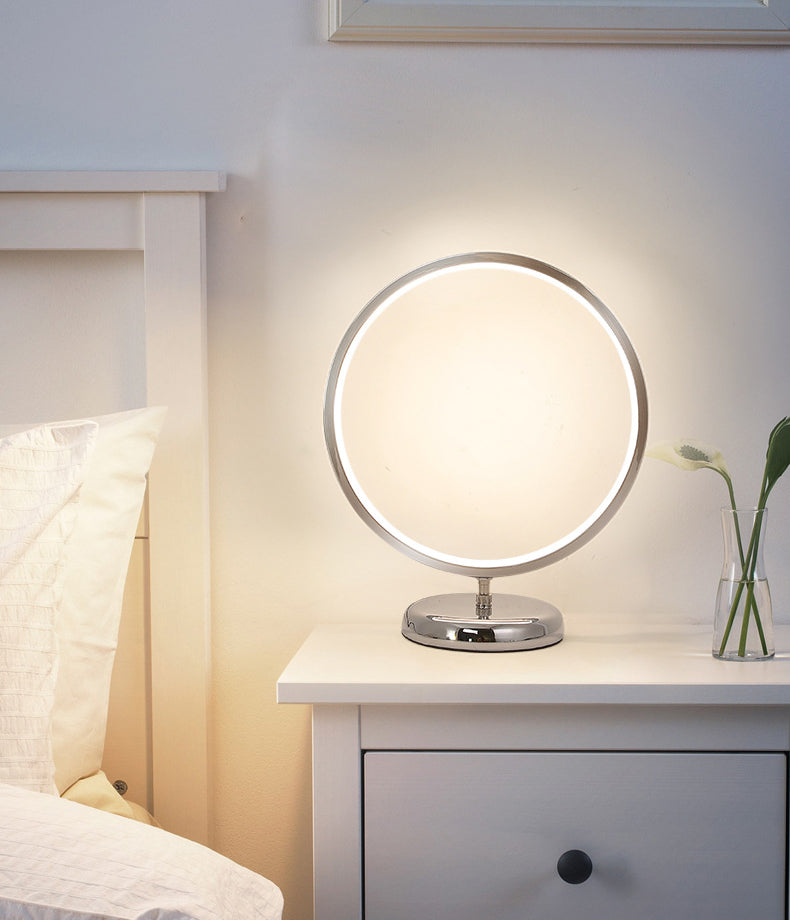 Chrome Ring Shaped Night Stand Lamp Simple Style Metal LED Table Light