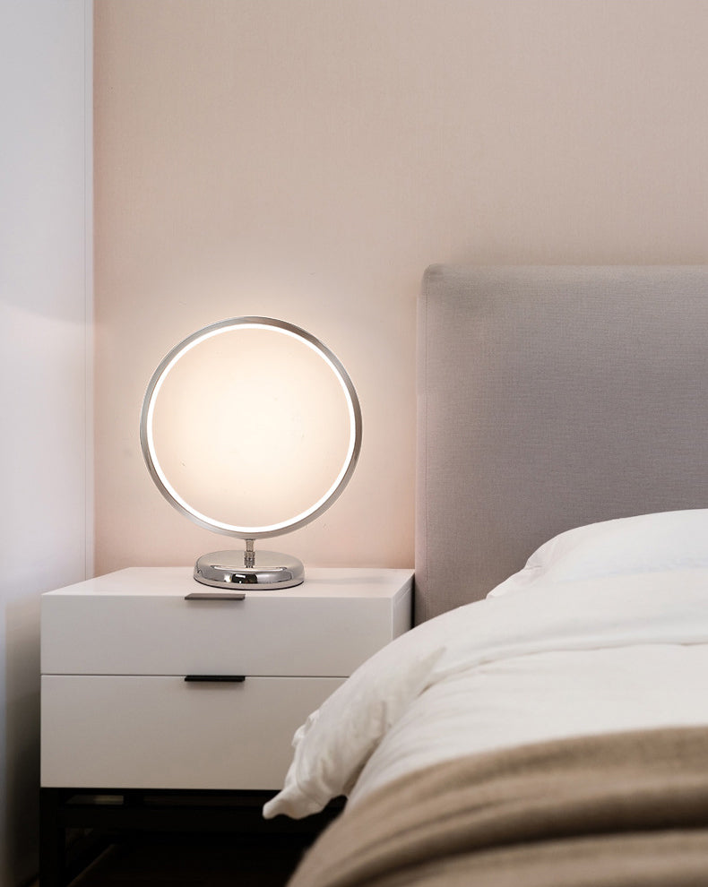 Chrome Ring Shaped Night Stand Lamp Simple Style Metal LED Table Light