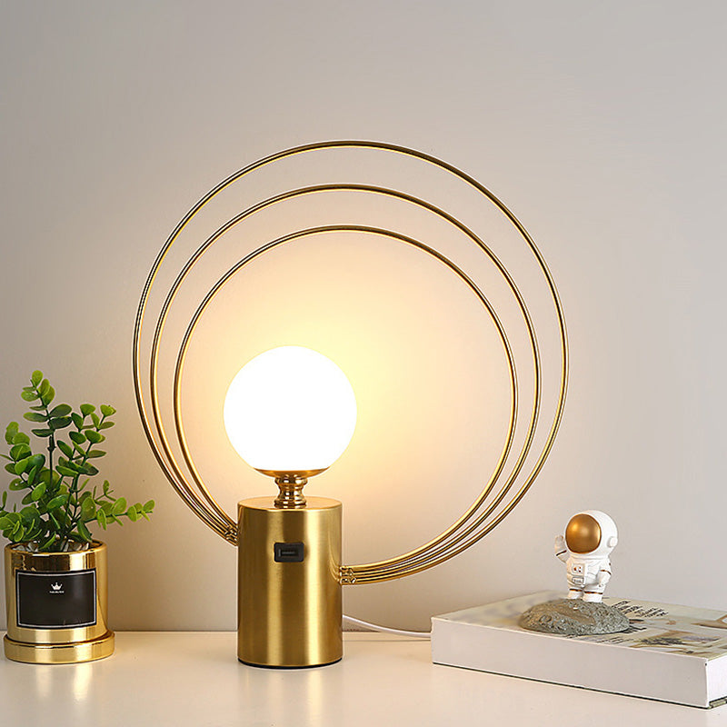 Gold Finish Ball Shade Table Lamp Modern 1-Light White Glass Nightstand Light