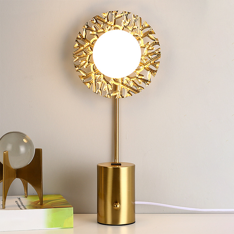 Gold Finish Ball Shade Table Lamp Modern 1-Light White Glass Nightstand Light