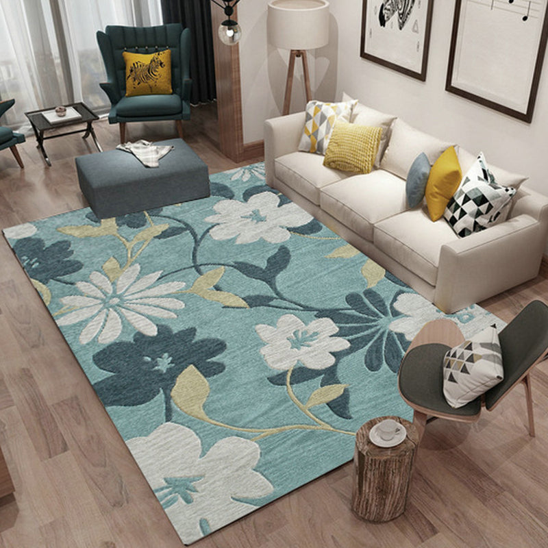 White Tone Simple Area Carpet Polyester Plant Print Area Rug Non-Slip Backing Carpet for Living Room