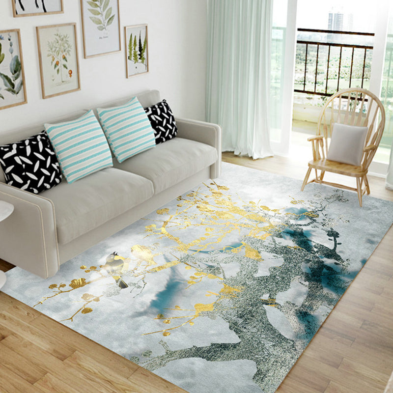 White Tone Simple Area Carpet Polyester Plant Print Area Rug Non-Slip Backing Carpet for Living Room