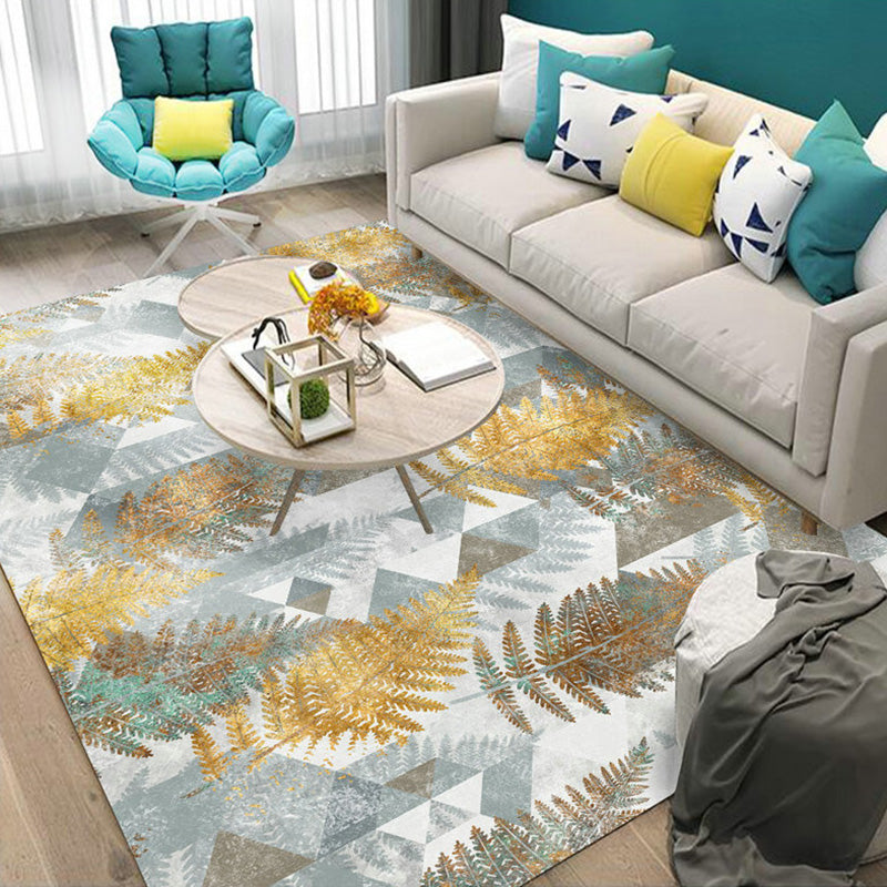 White Tone Simple Area Carpet Polyester Plant Print Area Rug Non-Slip Backing Carpet for Living Room