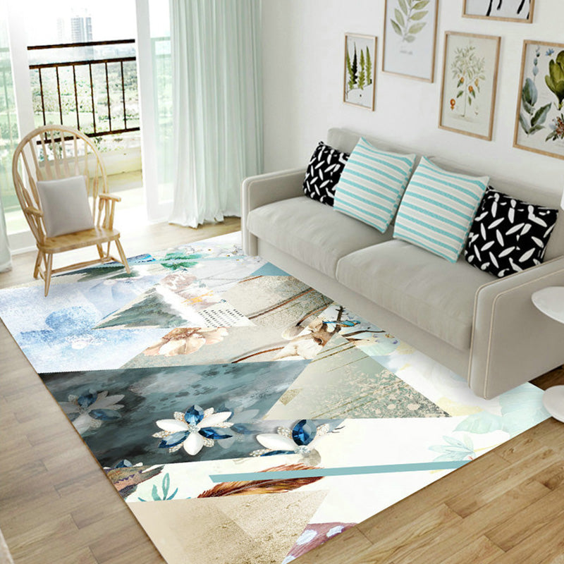 White Tone Simple Area Carpet Polyester Plant Print Area Rug Non-Slip Backing Carpet for Living Room