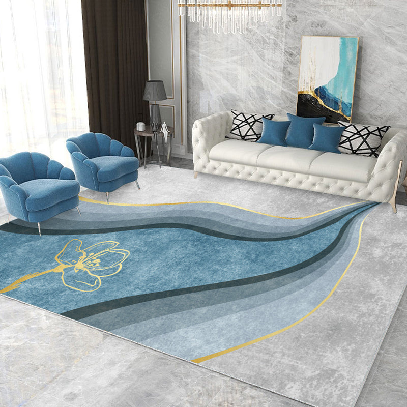 Blue Tone Causal Indoor Rug Polyester Blooming Effect Carpet Washable Rug for Home Decoration