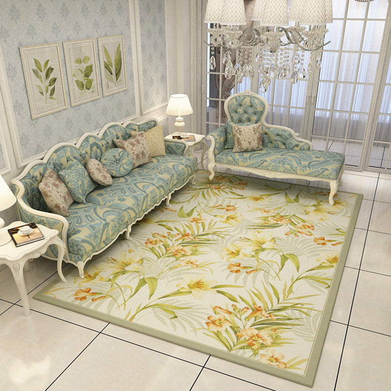 Yellow Tone Modern Indoor Rug Polyester Plants Print Carpet Non-Slip Backing Rug for Home Decoration