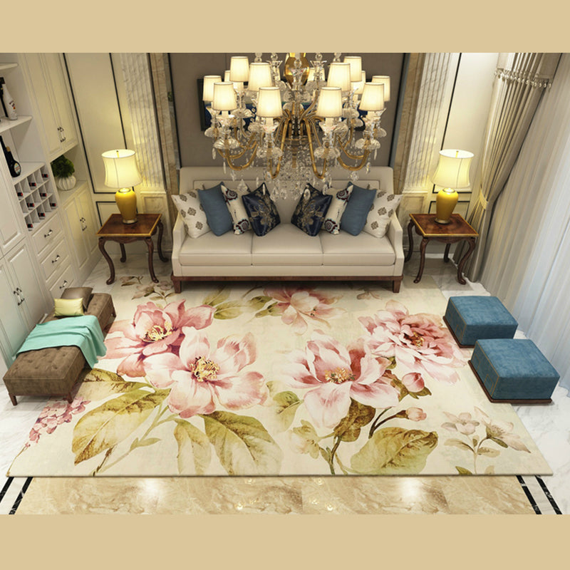 Yellow Tone Modern Indoor Rug Polyester Plants Print Carpet Non-Slip Backing Rug for Home Decoration