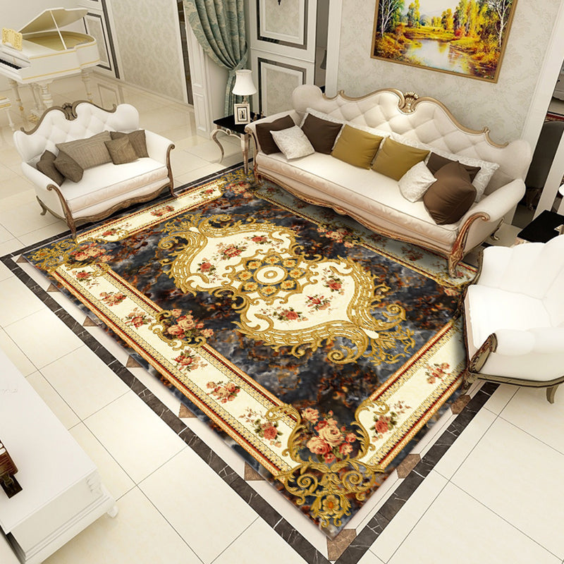 Classical European Style Rug Flower Print Polyester Carpet Anti-Slip Backing Rug for Home Decor