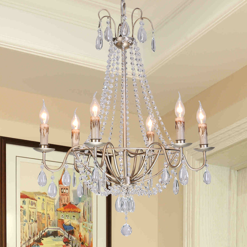 6 Lights Crystal Chandelier Light Fixture Simple Silver Candelabra Living Room Ceiling Suspension Lamp
