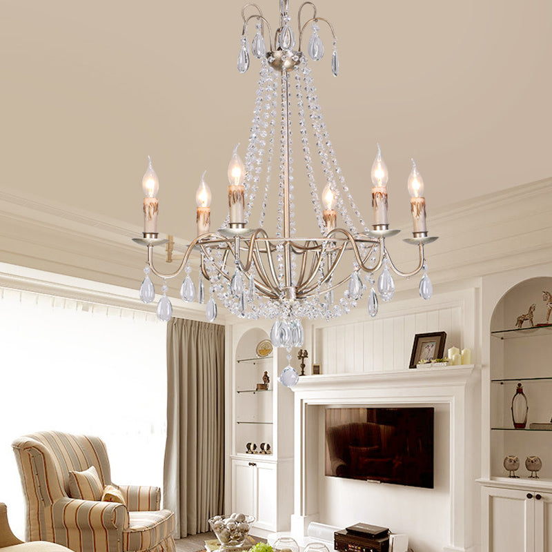 6 Lights Crystal Chandelier Light Fixture Simple Silver Candelabra Living Room Ceiling Suspension Lamp