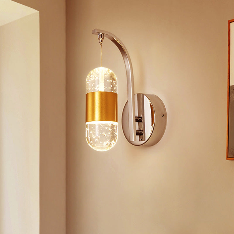 LED Metal Wall Sconce Traditionalist Gold Swooping Arm Bedroom Wall Mounted Light with Bubble Crystal Shade