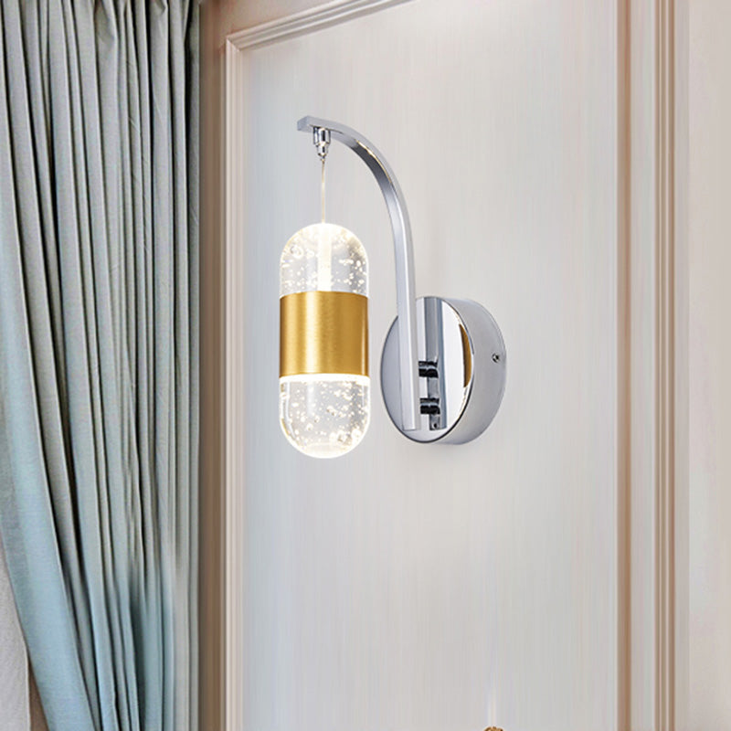LED Metal Wall Sconce Traditionalist Gold Swooping Arm Bedroom Wall Mounted Light with Bubble Crystal Shade