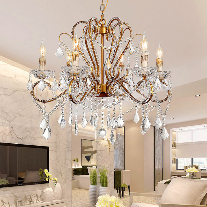 6/8 Lights Curving Chandelier Lighting Rural Style Brass Crystal Hanging Ceiling Light for Living Room