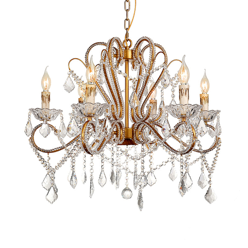 6/8 Lights Curving Chandelier Lighting Rural Style Brass Crystal Hanging Ceiling Light for Living Room