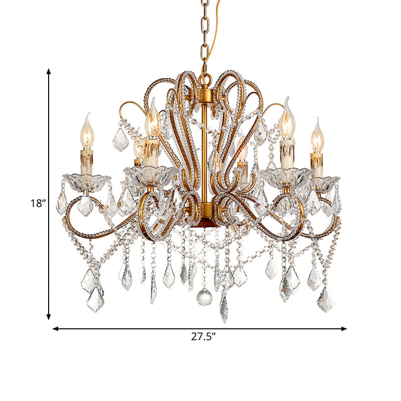 6/8 Lights Curving Chandelier Lighting Rural Style Brass Crystal Hanging Ceiling Light for Living Room