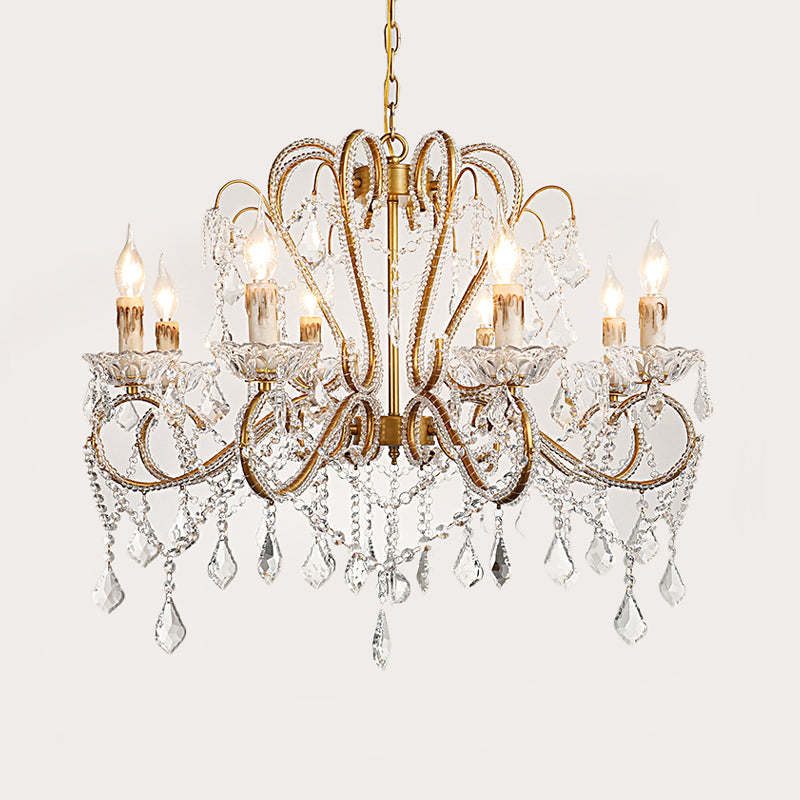 6/8 Lights Curving Chandelier Lighting Rural Style Brass Crystal Hanging Ceiling Light for Living Room