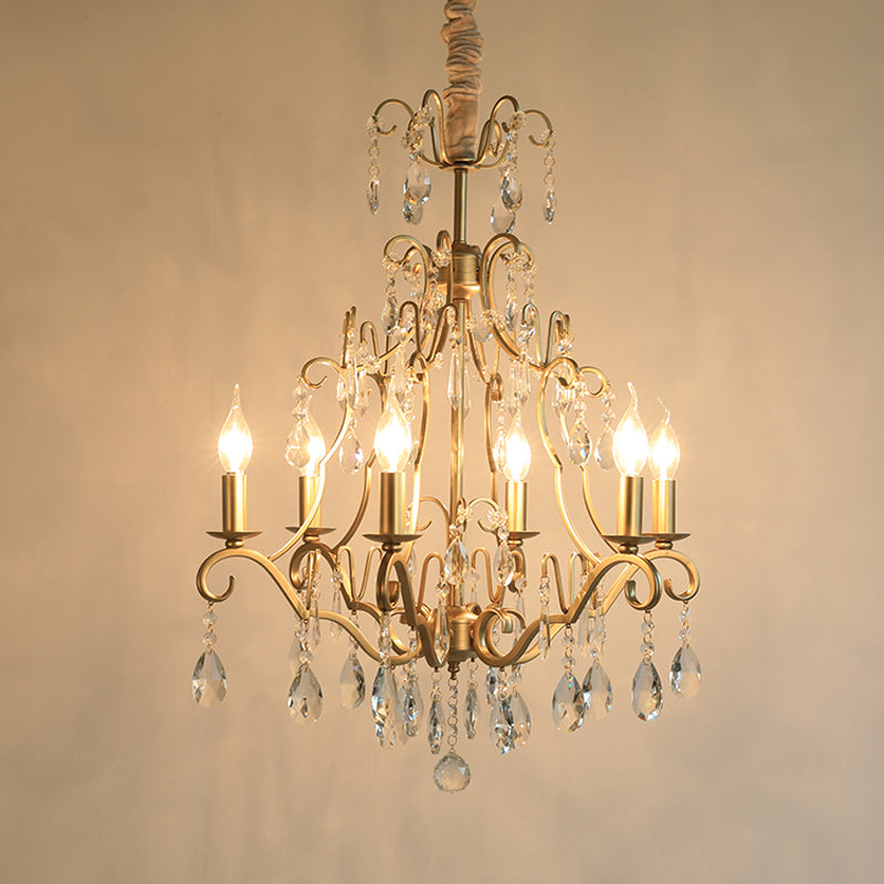 6 Lights Chandelier Lamp Lodge Curvy Arm Crystal Pendant Light Fixture in Gold for Bedroom
