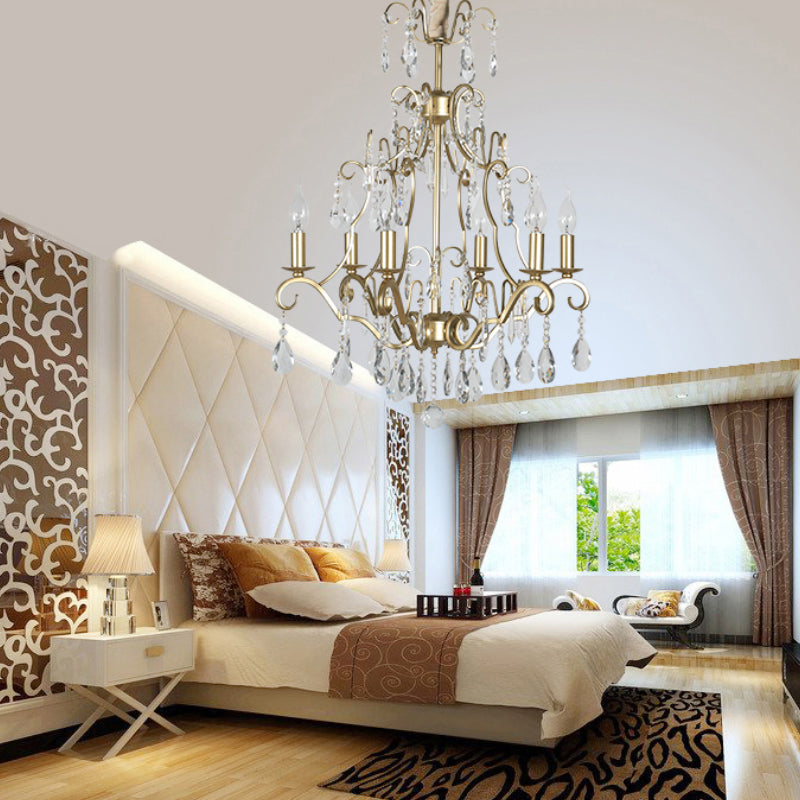 6 Lights Chandelier Lamp Lodge Curvy Arm Crystal Pendant Light Fixture in Gold for Bedroom
