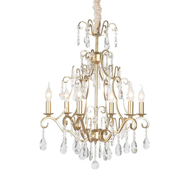 6 Lights Chandelier Lamp Lodge Curvy Arm Crystal Pendant Light Fixture in Gold for Bedroom