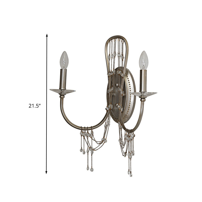 Nickle 2 Lights Wall Lighting Retro Metal Candelabra Wall Mount Light with Clear Crystal Accent