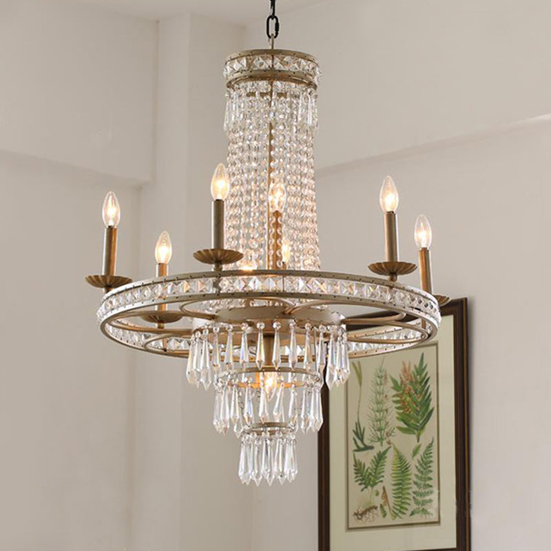 Silver 8/10 Lights Chandelier Countryside Crystal Tiered Ceiling Suspension Lamp for Living Room