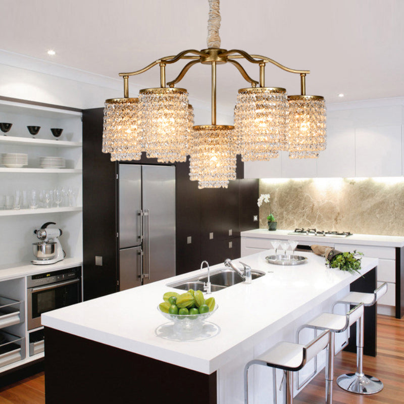 Crystal Cylinder Chandelier Light Fixture Rural 7 Heads Dining Room Ceiling Pendant in Brass