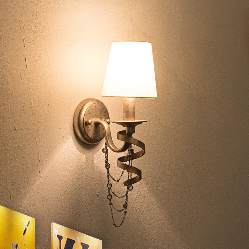 Tapered Bedroom Wall Mount Light Traditional Fabric 1 Head Wall Lighting Fixture with Crystal Draping in Nickle