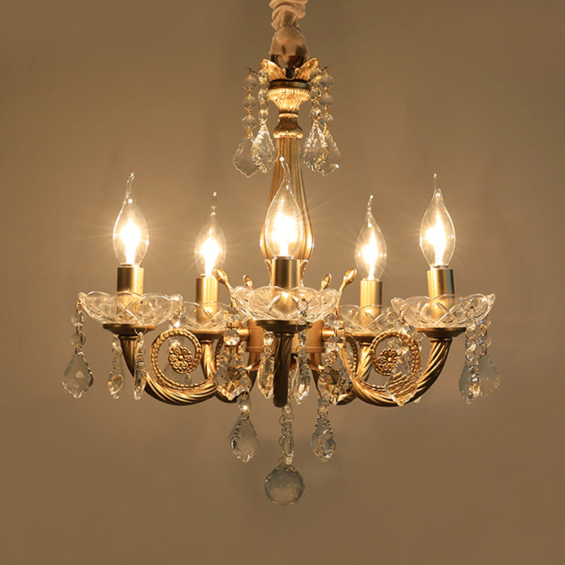 Crystal Gold Chandelier Lighting Scrolled Arm 5/6 Lights Lodge Pendant Light Fixture for Bedroom