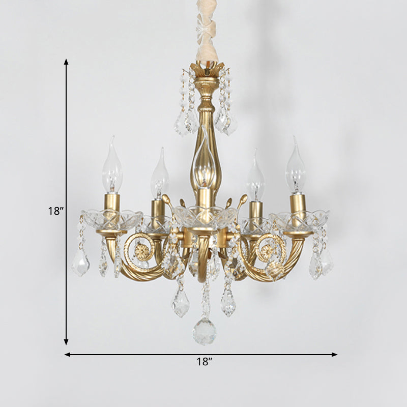 Crystal Gold Chandelier Lighting Scrolled Arm 5/6 Lights Lodge Pendant Light Fixture for Bedroom