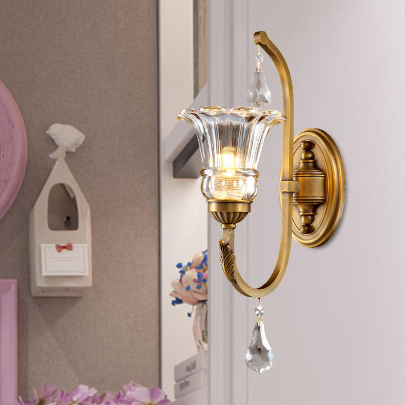 1/2 Bulbs Clear Glass Sconce Traditionalist Gold Floral Living Room Wall Mounted Light with Crystal Accent