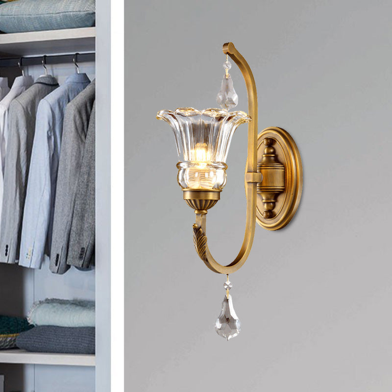 1/2 Bulbs Clear Glass Sconce Traditionalist Gold Floral Living Room Wall Mounted Light with Crystal Accent