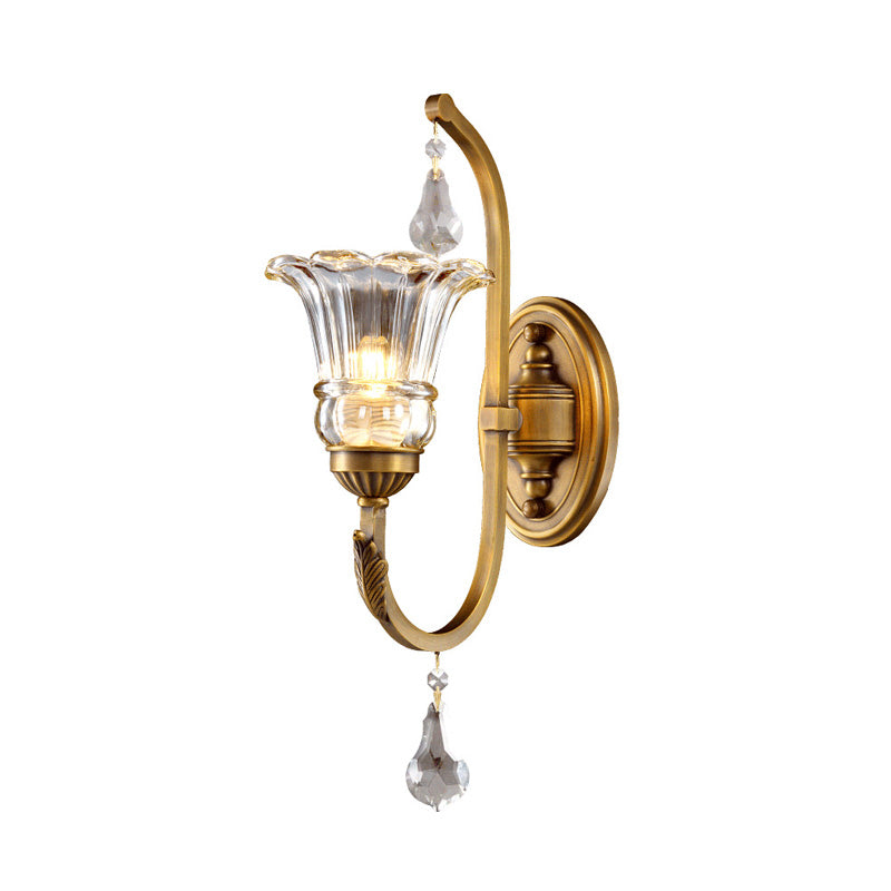 1/2 Bulbs Clear Glass Sconce Traditionalist Gold Floral Living Room Wall Mounted Light with Crystal Accent