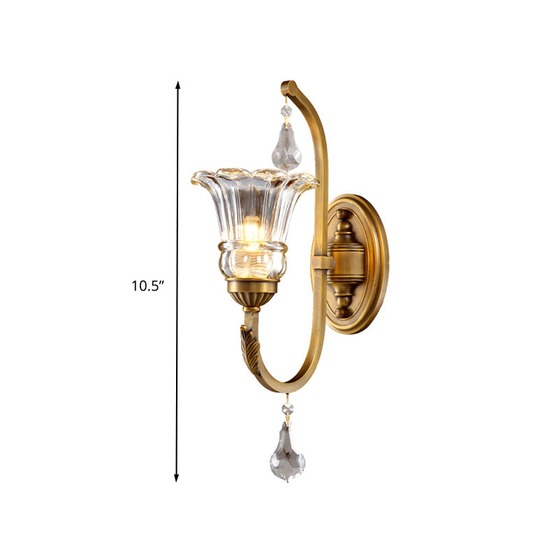 1/2 Bulbs Clear Glass Sconce Traditionalist Gold Floral Living Room Wall Mounted Light with Crystal Accent
