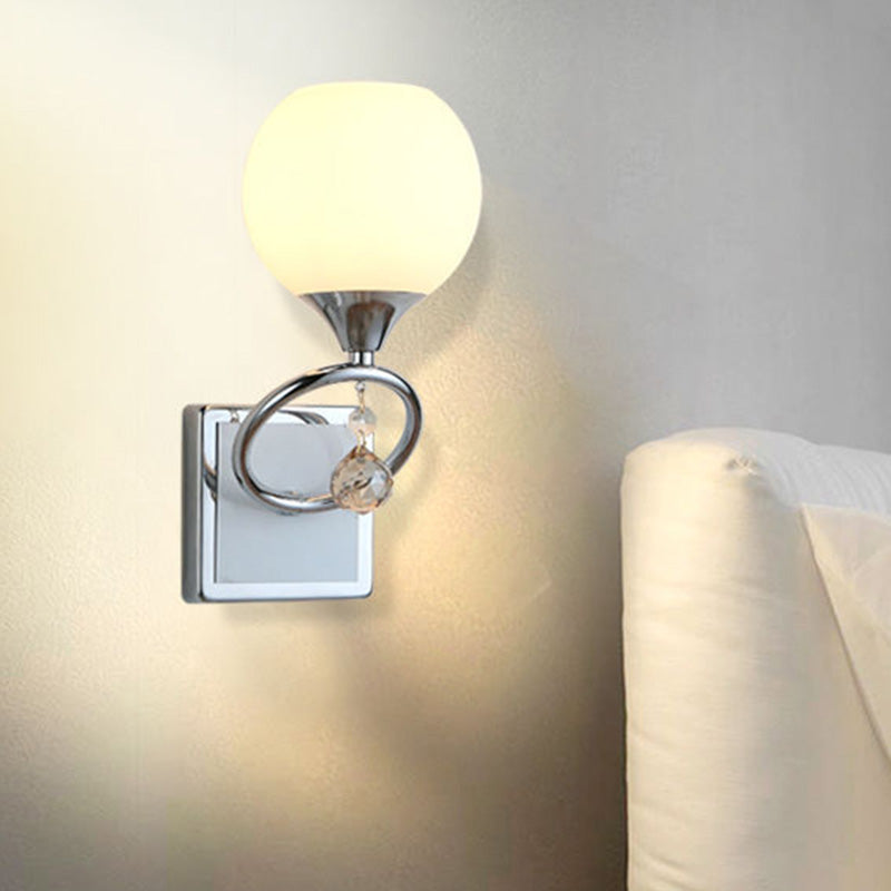Dome Bedroom Sconce Light Traditional Frosted Glass 1 Head Gold/Chrome Wall Lighting Fixture with Crystal Ball