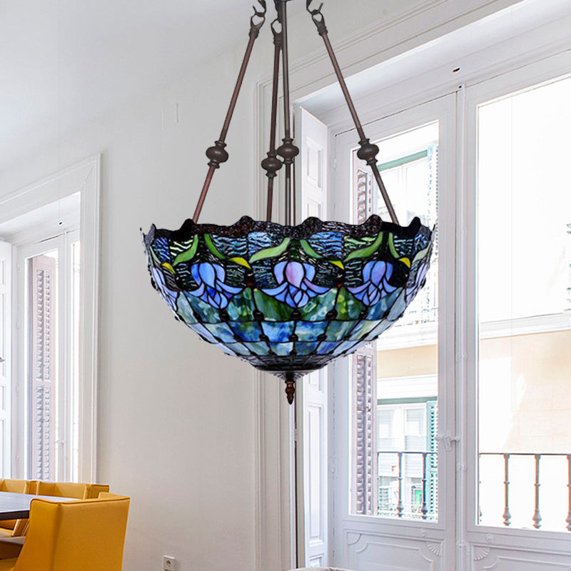Red/Blue Flower Chandelier Light Fixture Mediterranean 2 Lights Hand Cut Glass Pendant Lamp